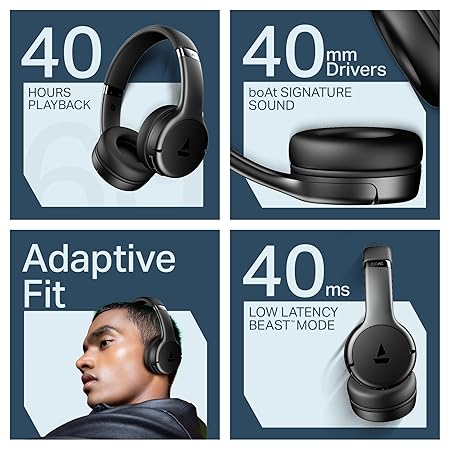 boAt Rockerz 411 (2025 Launch), 40Ms Low Latency, 40Hrs Battery, 40Mm Drivers, Enx Tech, Integrated Controls, V5.4 Bluetooth Headphones, Wireless Over Ear Headphone with Mic (Active Black) - Image 4