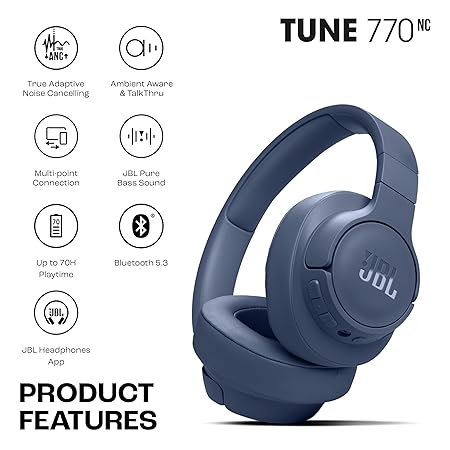 JBL Tune 770NC Wireless Over Ear ANC Headphones with Mic, Upto 70 Hrs Battery, Speed Charge : 5 min Charge Gives up to 3H of Playback, Google Fast Pair, Dual Pairing, BT 5.3 (Blue) - Image 5
